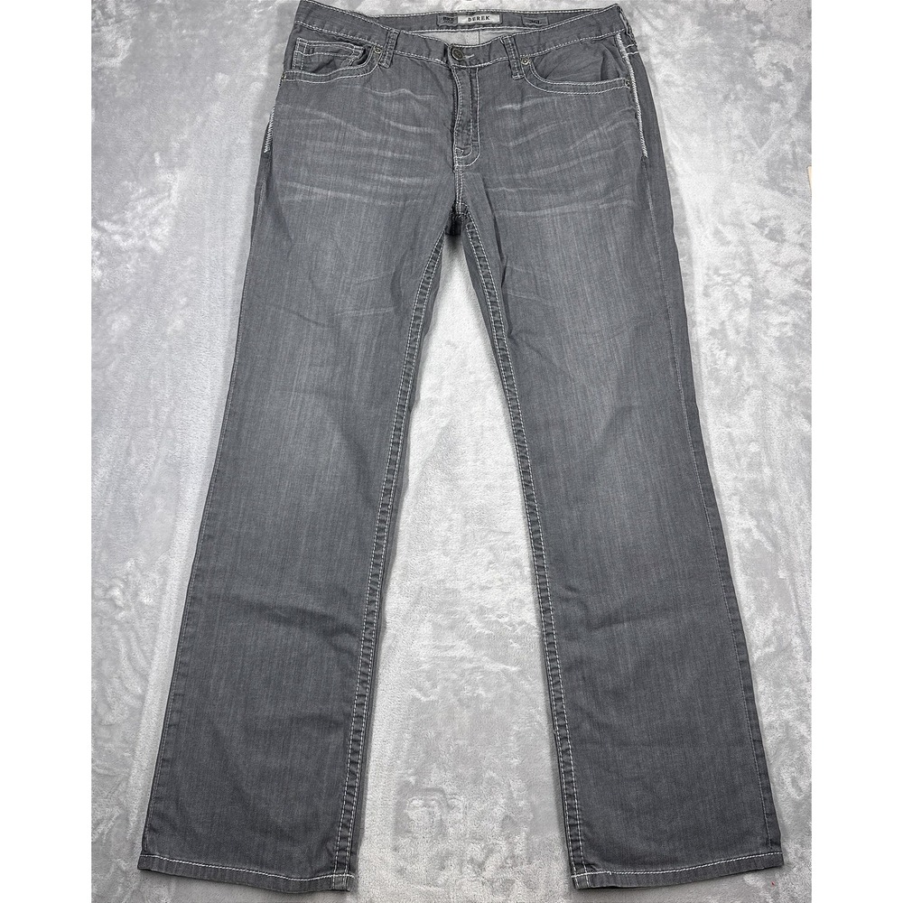 BKE BUCKLE DEREK Bootcut Jeans Mens 36L Fits 37 Gray Contrast Thick Stitch Denim